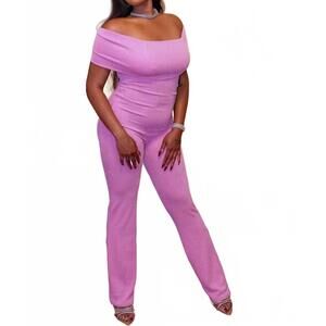 NEW YELLOW CABBAGE ribbed off shoulder jumpsuit in pink